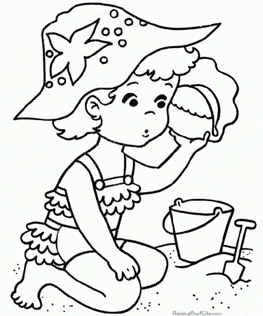 Розмальовки Літо дівчинка дитина слухає черепашку на пляжі