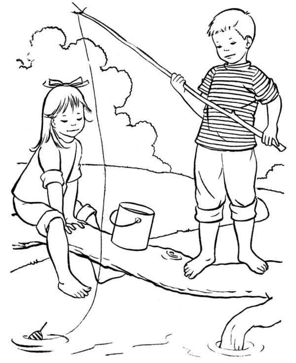 Розмальовки Літо хлопчик дівчинка вудка рибалка відро поплавок літо