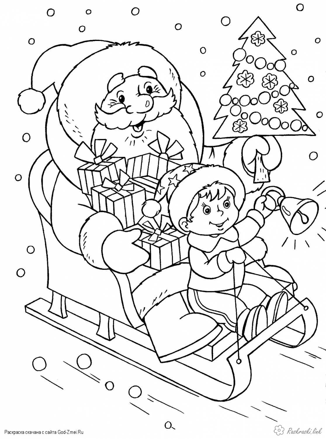 Розмальовки дитяча Дитяча новорічна розфарбування, дід мороз на санях з подарунками
