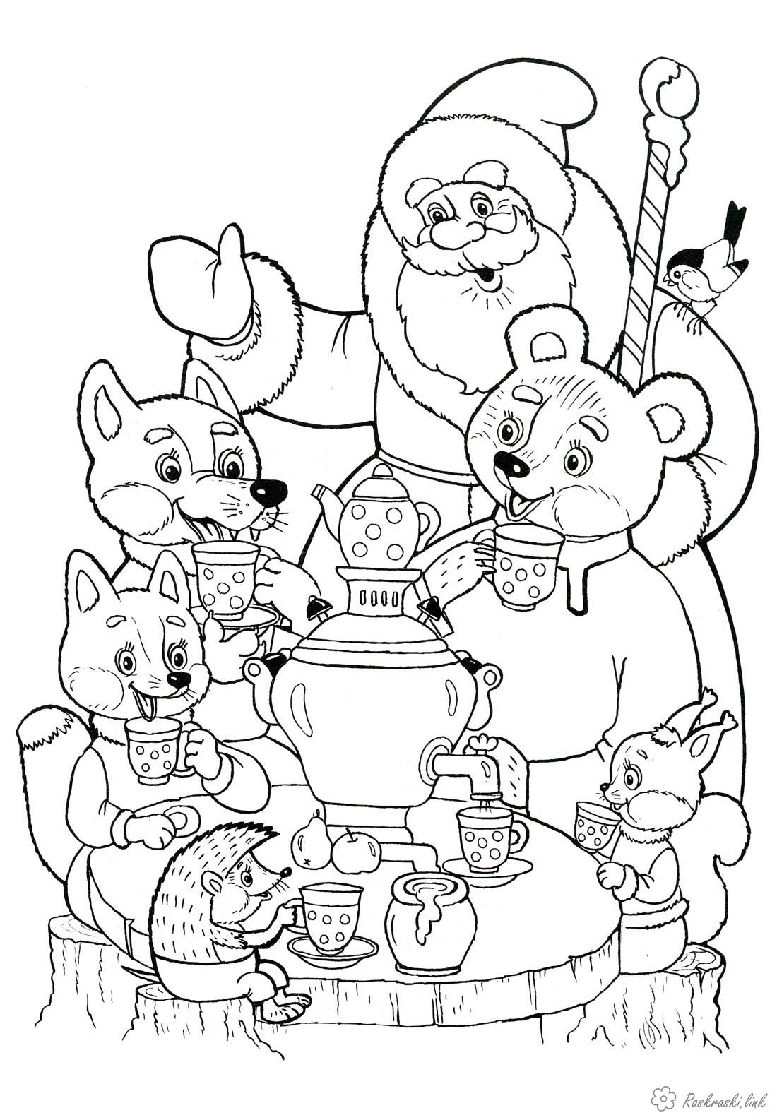 Розмальовки Новий рік Дитяча новорічна розфарбування дід мороз, звірі