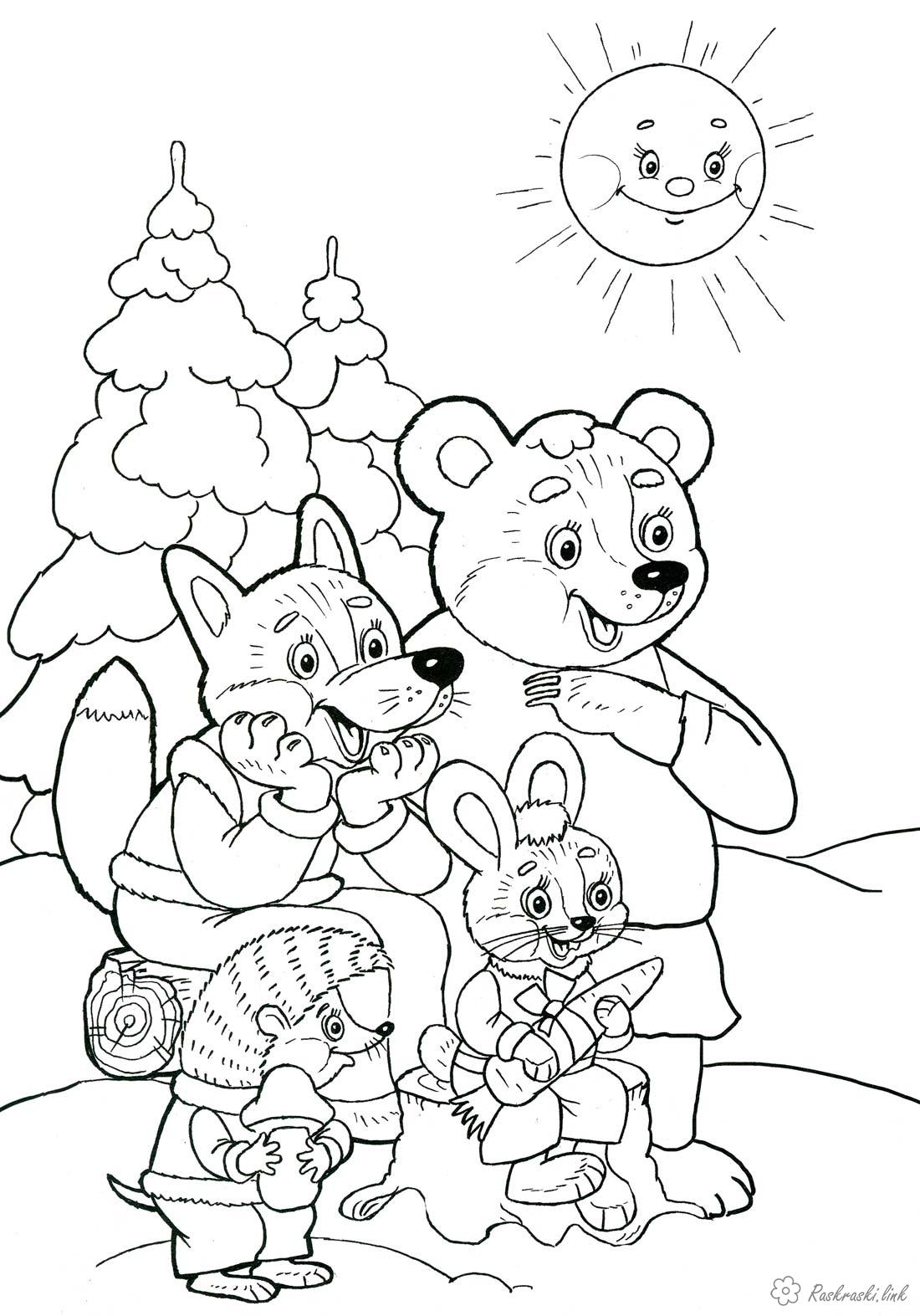 Раскраски Новый год Детская новогодняя раскраска, елочки, медведь, лиса, заяц, ежик и яркое солнышко