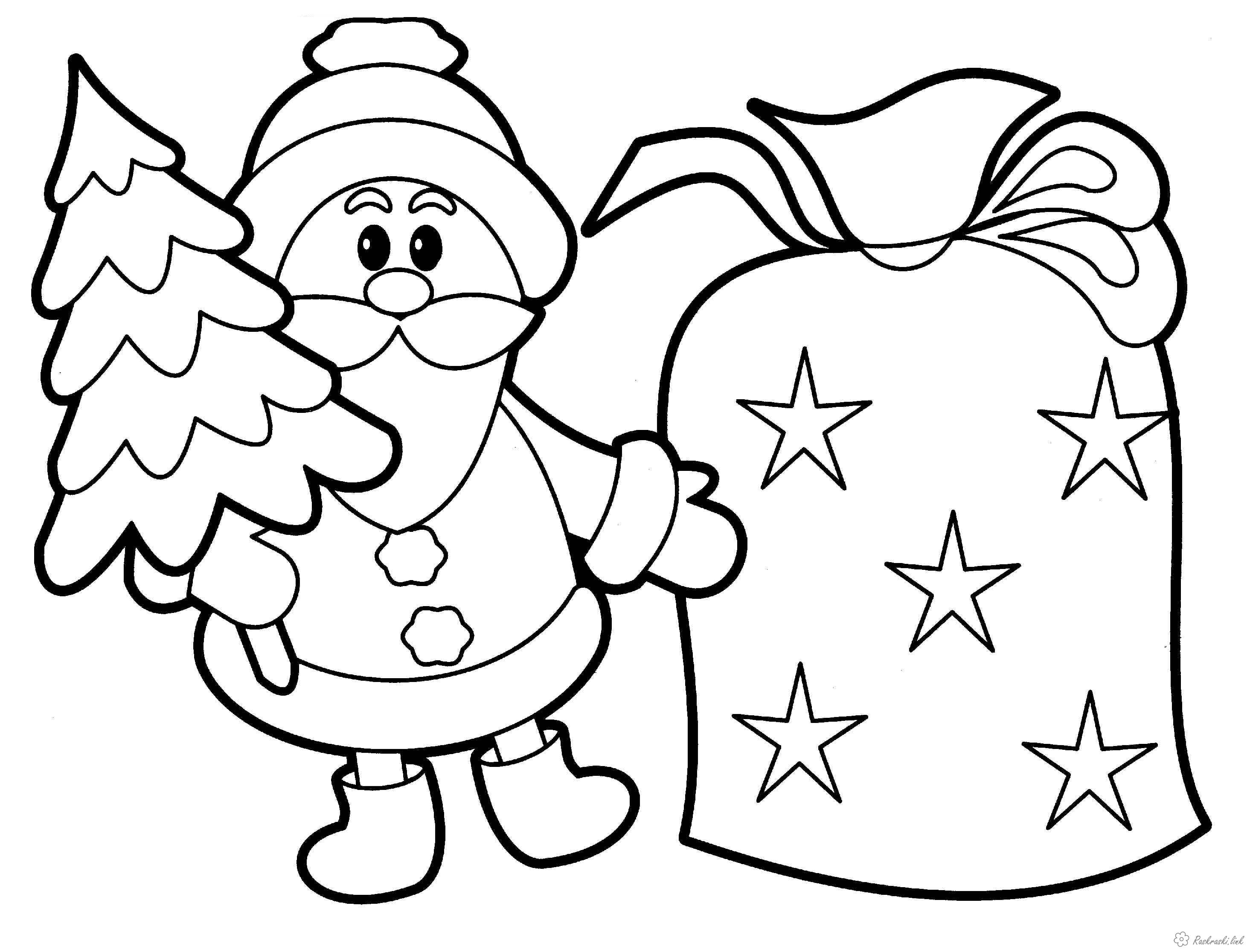Раскраски Новый год Детская новогодняя раскраска, Дед Мороз с елочкой и мешком