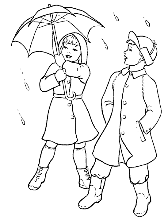Розмальовки дітей Хлопчик і дівчинка під дощем
