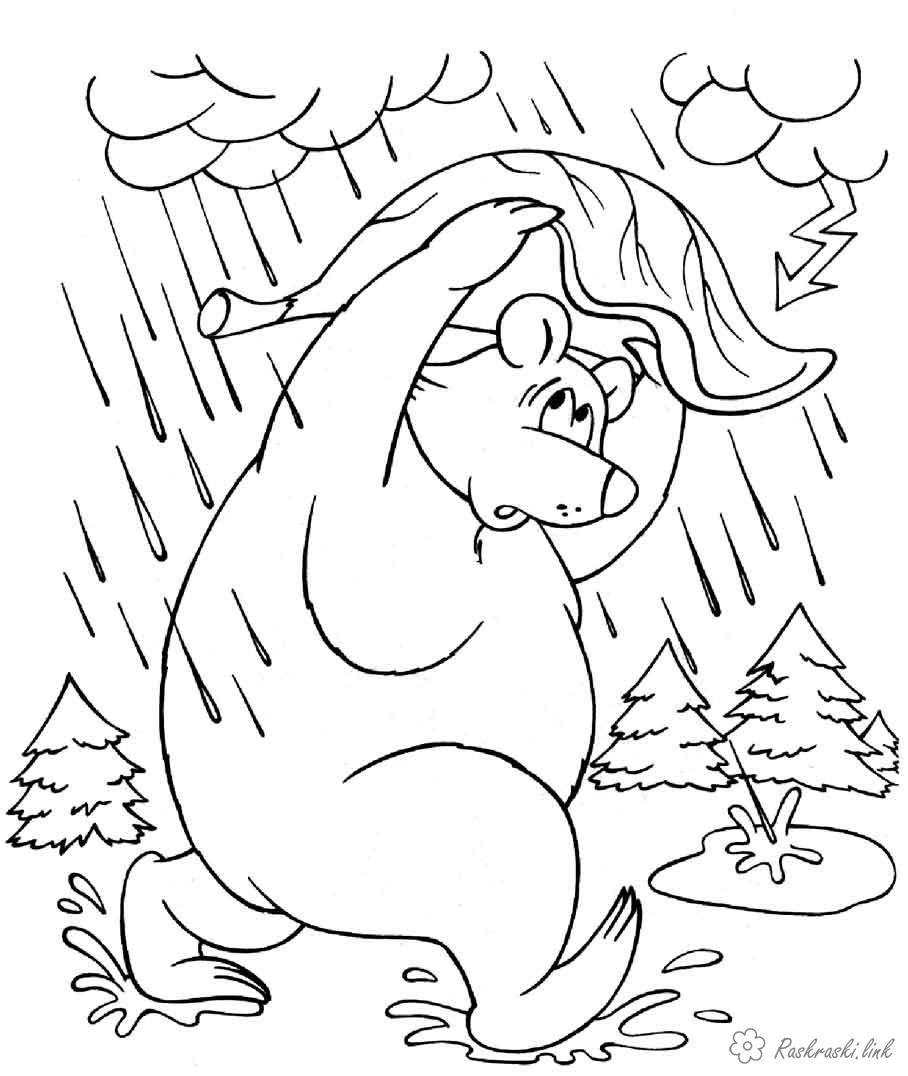 Розмальовки дітей Мишка укривається листом від дощу