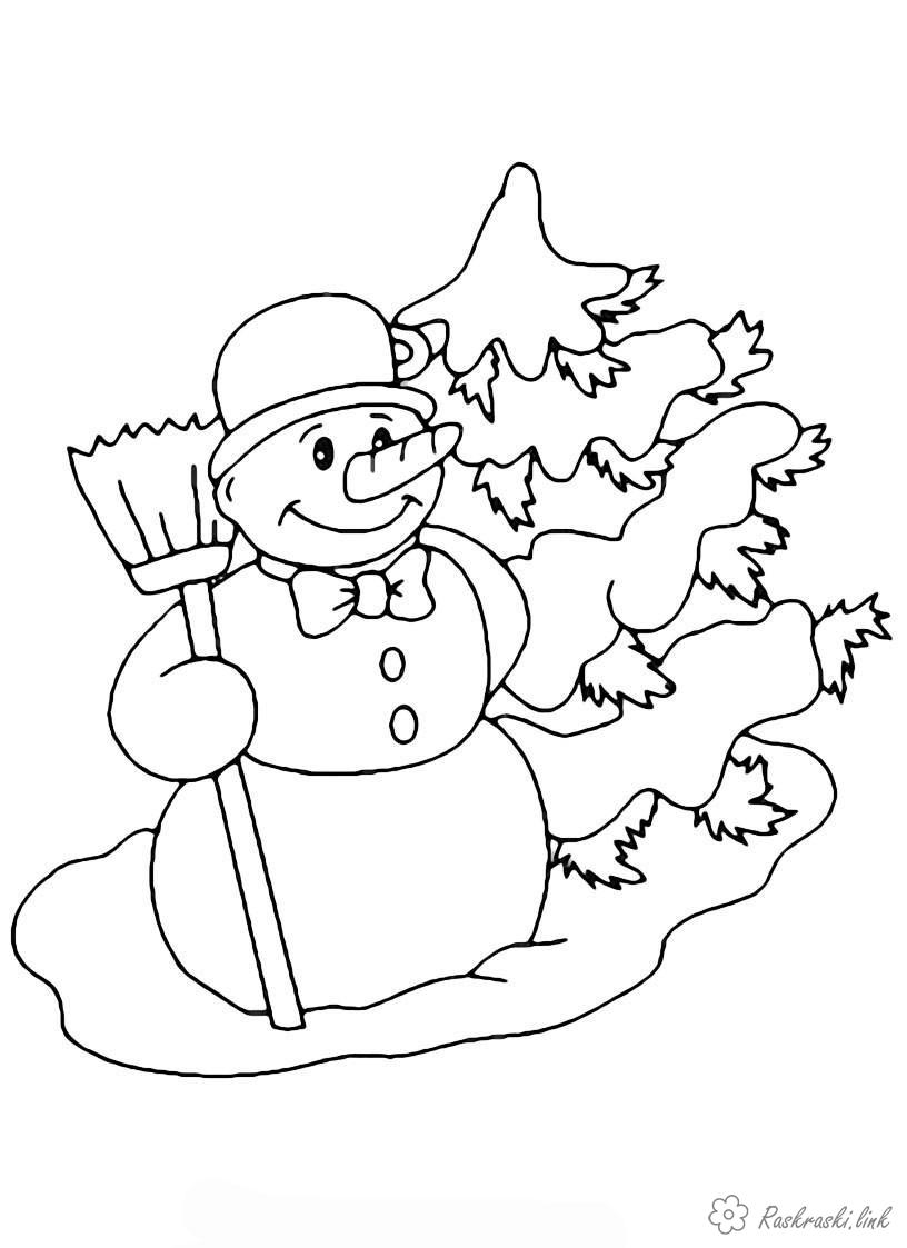 Раскраски Новый год Детская новогодняя раскраска,  снеговик с метлой