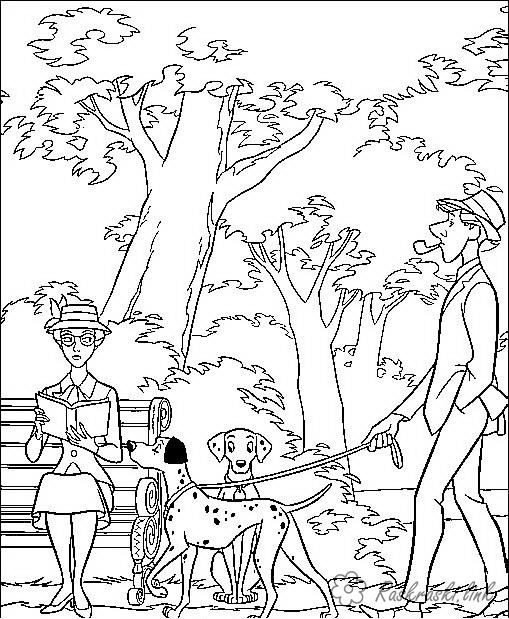 Розмальовки дітей Дама на лавці в парку читає книгу, чоловік гуляє з собакою
