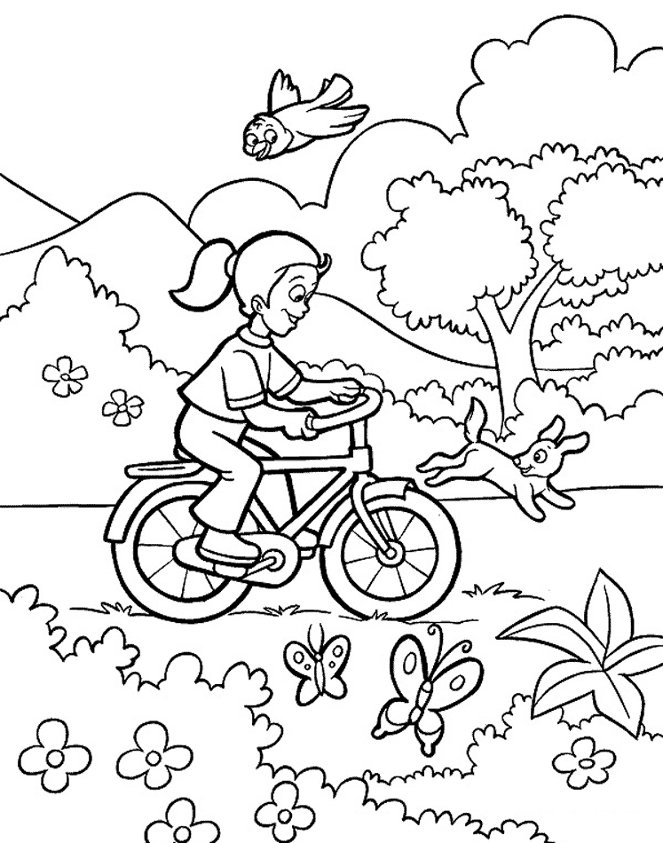 Розмальовки природі розмальовки для дітей, природа, відпочинок на природі, дівчинка, дівчинка на велосипеді