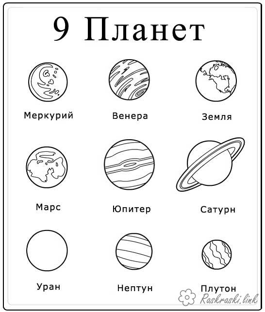 Розмальовки День космонавтики планети, Меркурій, Венера, Земля, Марс, Юпітер, Сатурн, Уран, Нептун, плутон