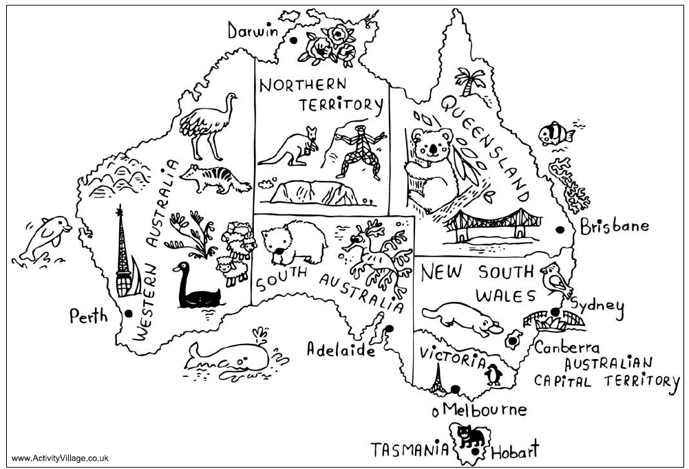 Розмальовки Австралія розмальовки для дітей, карта, Австралія