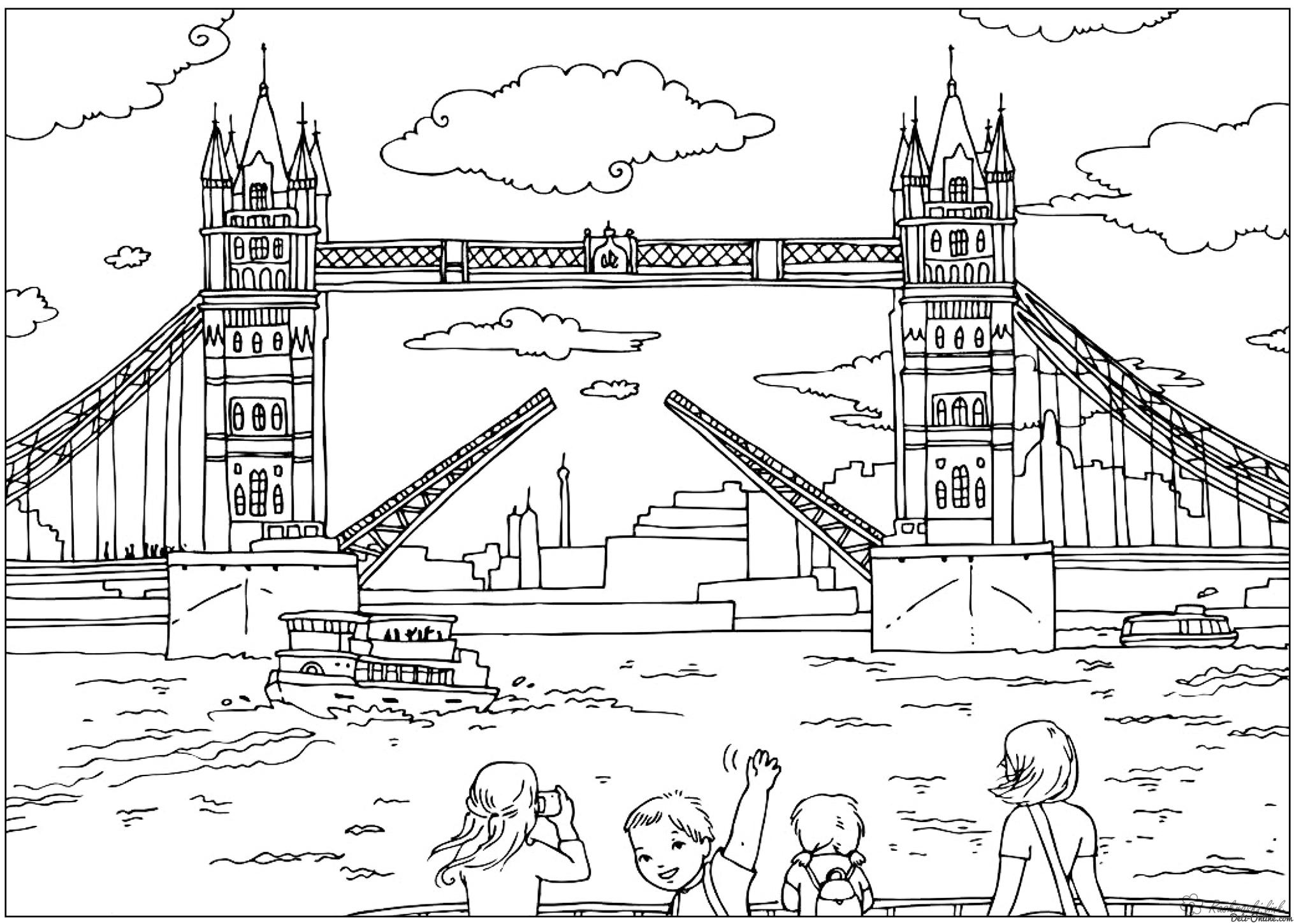 Розмальовки Європа Дитяча розфарбування подорож в Лондон, міст над Темзою