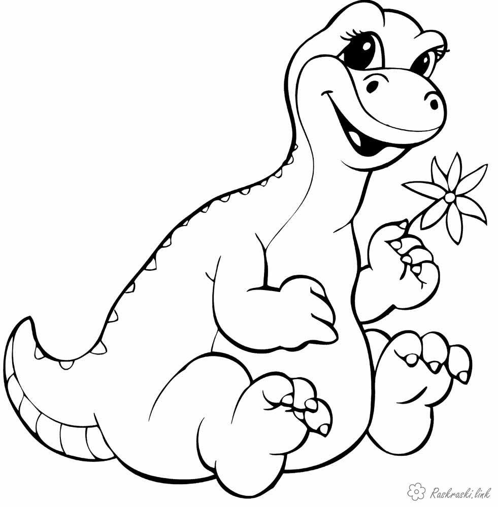 Розмальовки Рептилії Рептилії, динозаврик, маленький динозавр, квітка
