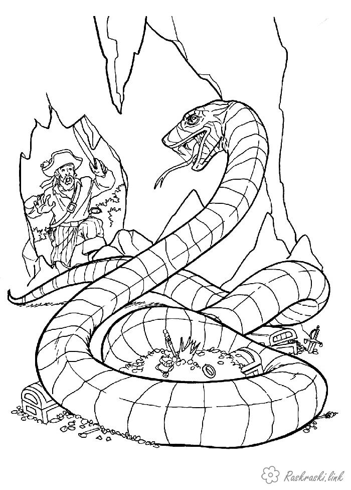 Розмальовки Рептилії Рептилії, змія, скарби, людина, печера