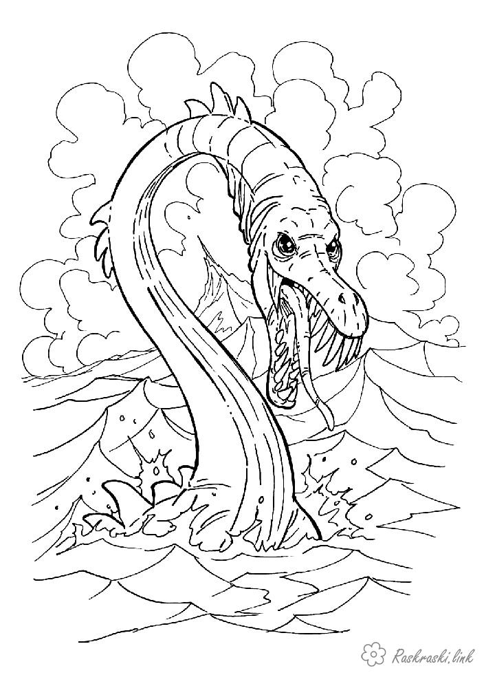 Розмальовки розмальовка Рептилії, змія, морський змій, море, вода