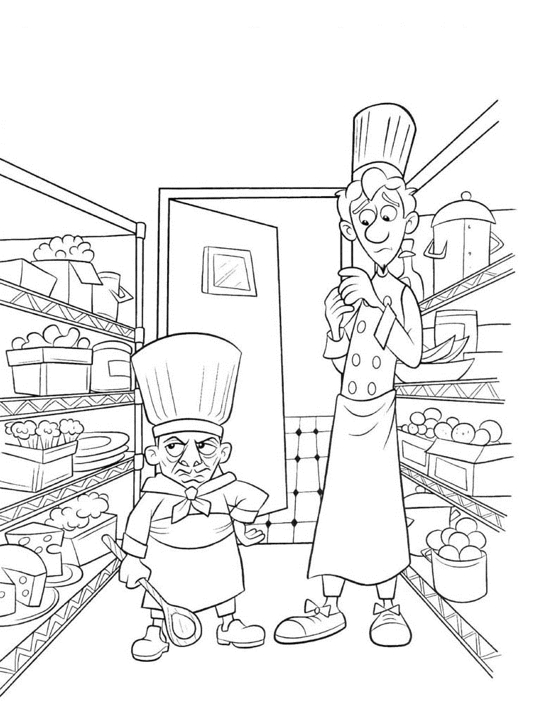 Розмальовки мультфільми Рататуй, Лінгвіні, злий, шеф кухар, Скіннер, продукти
