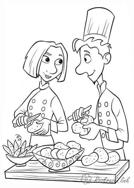Розмальовки мультфільми Рататуй, кухар, Колетт, Лінгвіні, овочі