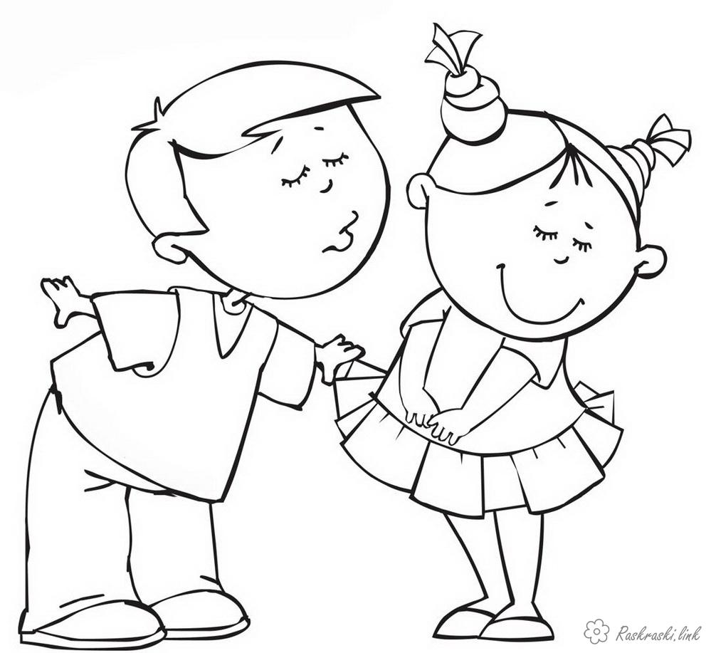 Розмальовки дітей Розмальовки свята, розмальовки 1 червня, діти, дівчинка, хлопчик