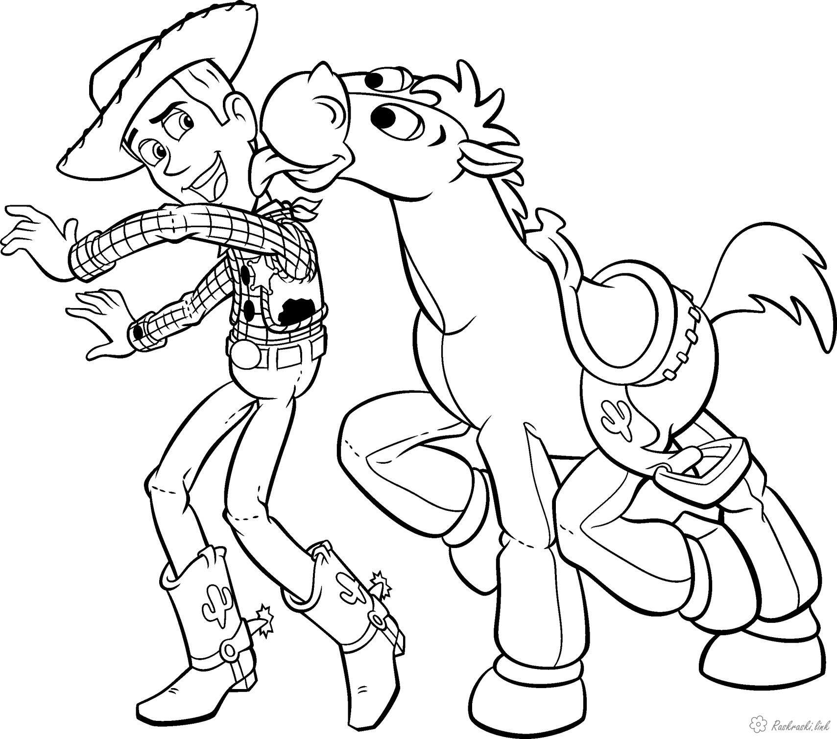 Розмальовки Історія іграшок Історія іграшок, ковбой, Вуді, кінь, Булзай