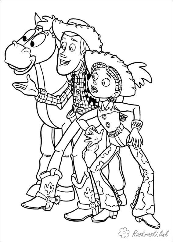 Розмальовки Історія іграшок Історія іграшок, ковбой, Вуді, дівчина-ковбой, Джессі, кінь, Булзай