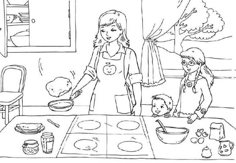 Розмальовки Масляна плита, сковорода, млинці, мама, дітвора, розфарбування