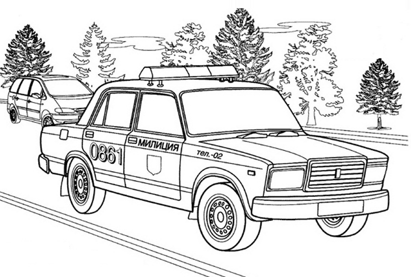 Розмальовки Машини Міліція, ліс, дорога, розфарбування, машина 
