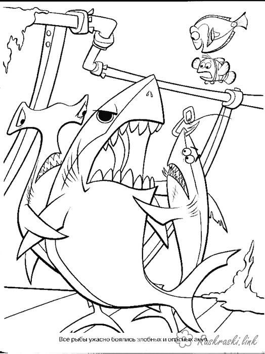Розмальовки риба розмальовки мультфільми, розмальовки в пошуках немо, Немо, риба, акула