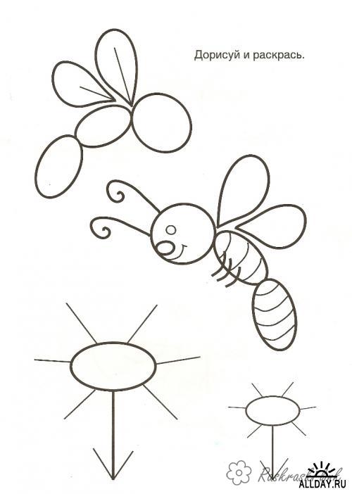 Розмальовки дорисуй домалюй і розфарбуй, бджілка, квіточка