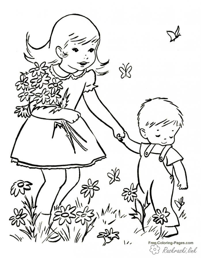 Розмальовки діти Свято 1 червня День захисту дітей діти гуляють дівчинка малюк квіти