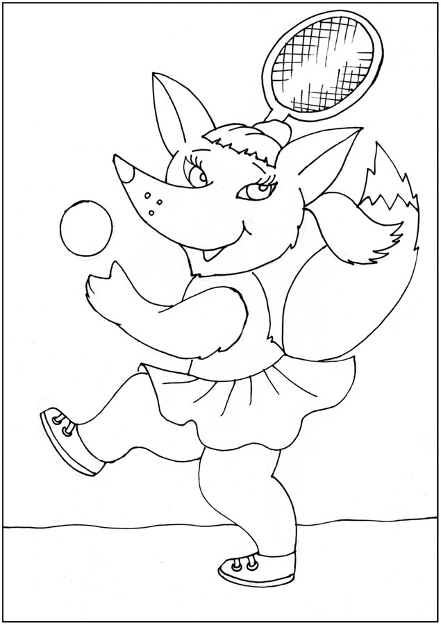 Розмальовки спорт Лисичка з ракеткою розфарбування, теніс, спорт
