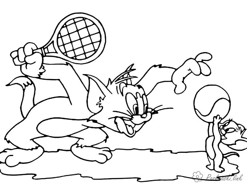 Розмальовки Теніс Том і Джері грають у теніс розфарбування, спорт