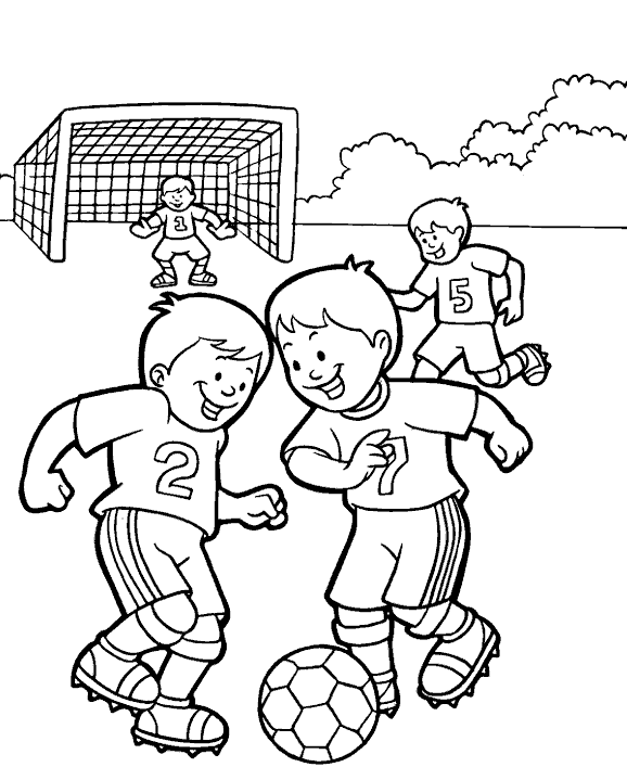 Розмальовки футбольний Хлопчики грають у футбол біля воріт