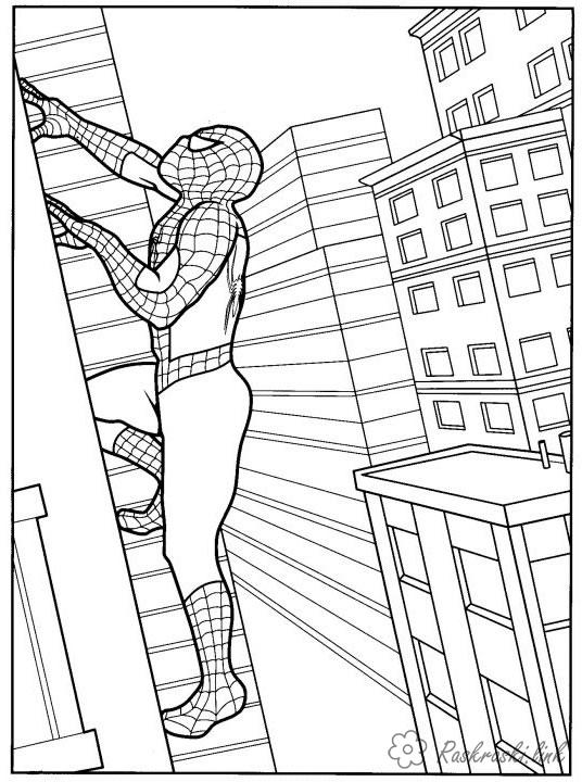 Раскраски Супергерои раскраски, человек паук карабкается на стену