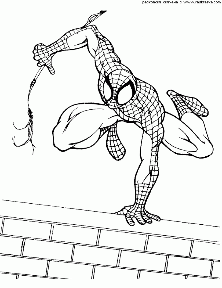 Розмальовки Супергерої розфарбування людина павук летить через стіну, для хлопчиків