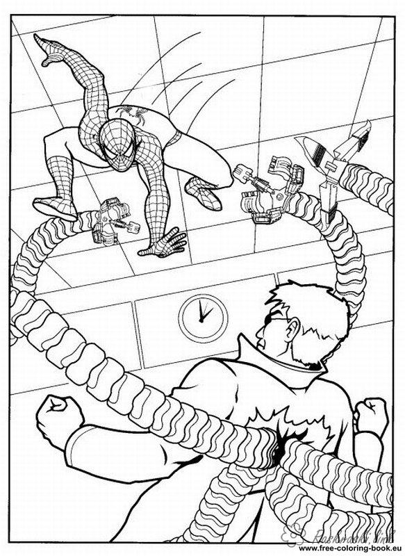 Розмальовки Супергерої Спайдермена б'ється з доктором Октопус в будівлі
