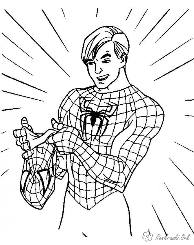 Розмальовки Супергерої розфарбування людина павук одягає маску. супергерої