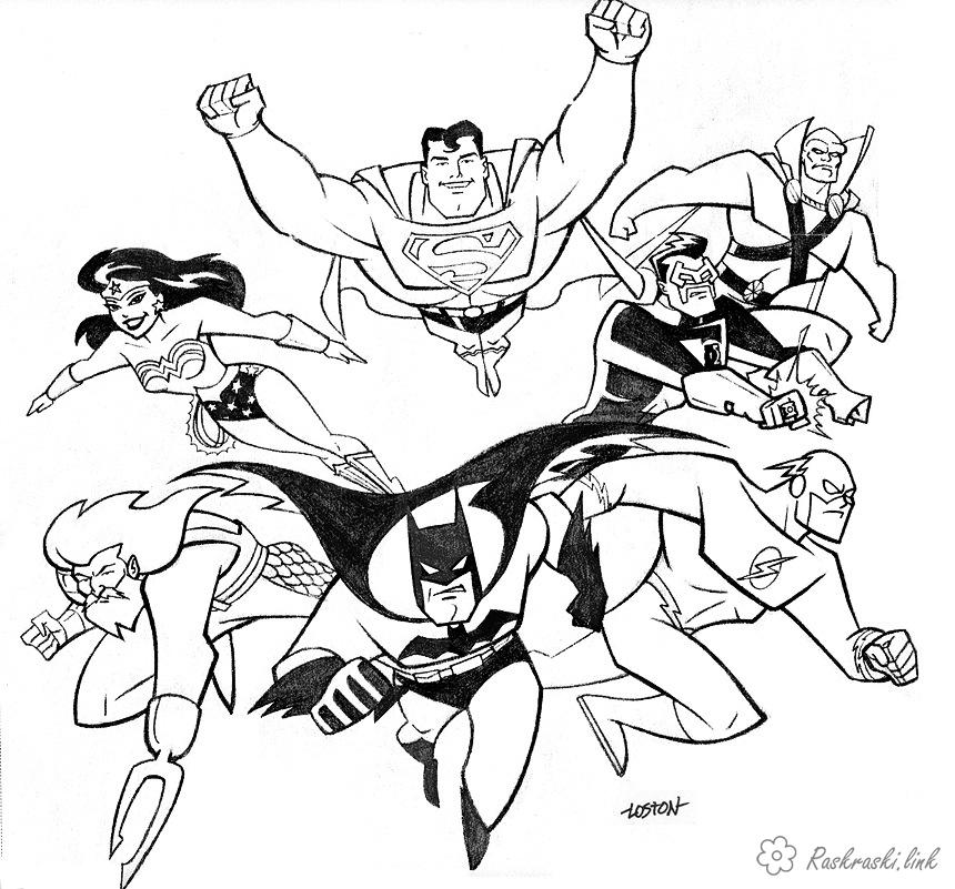 Розмальовки команда супергерої DC, розмальовки для хлопчиків, комікси