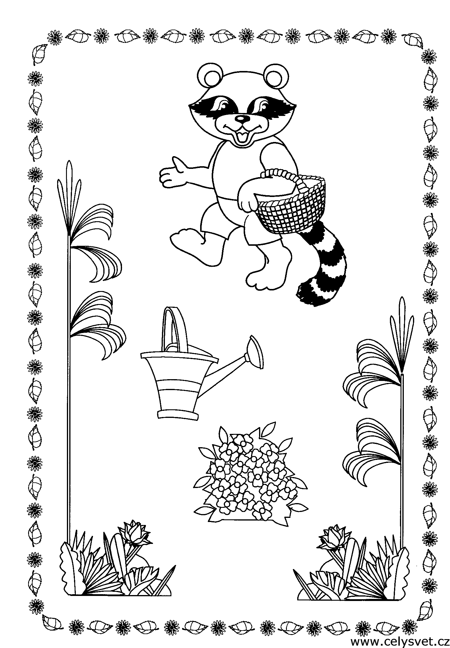 Розмальовки Лісові тварини розфарбування для дітей, єнот на природі