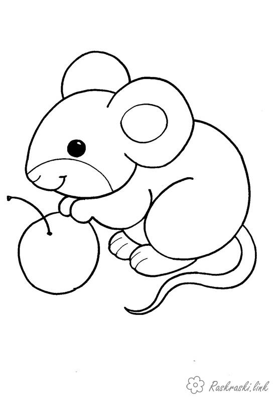 Розмальовки Лісові тварини маленький пухнастий мишеня і яблуко