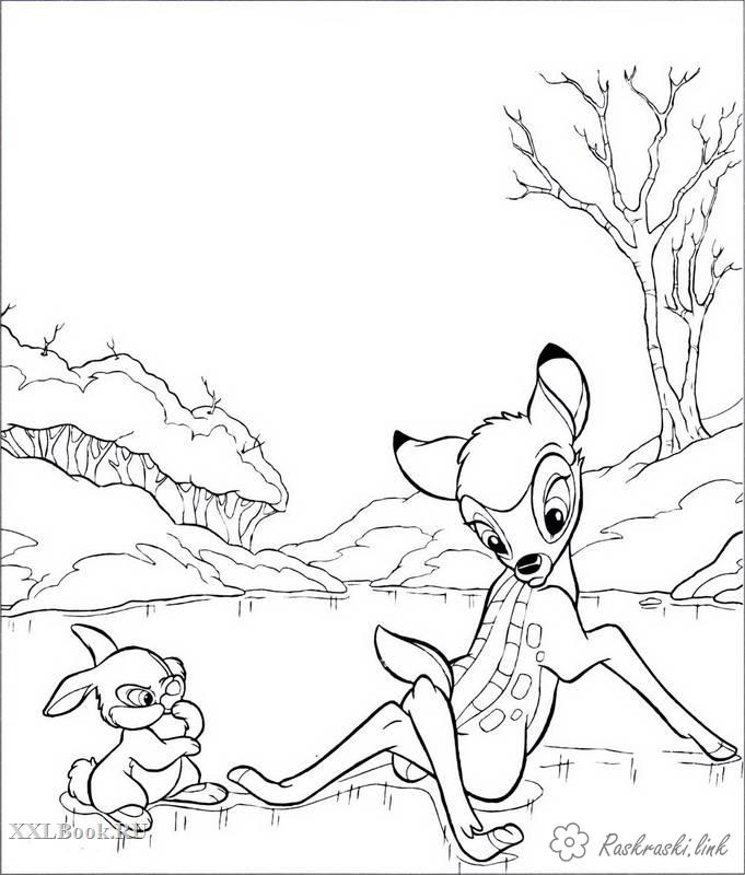 Розмальовки зайченя розфарбування оленятко і заєць, тварини, ліс, природа