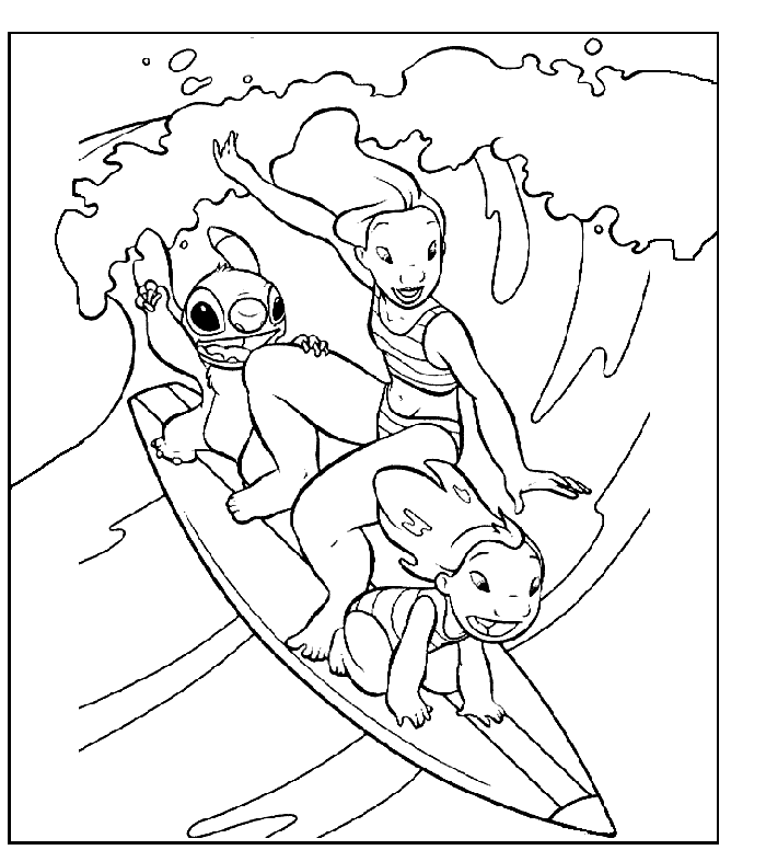 Розмальовки Уолт Дісней Ліло і Стіч, серфінг, хвиля