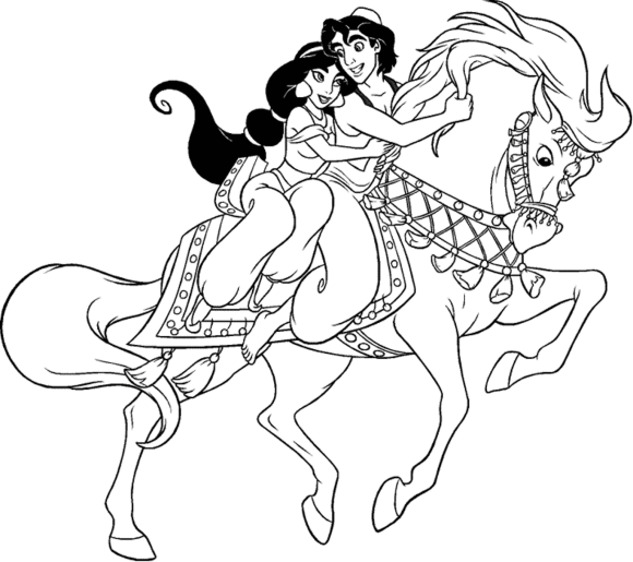 Розмальовки Уолт Дісней Аладдін, кінь, принцеса