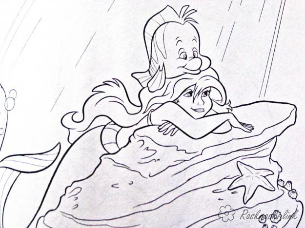 Раскраски Walt Disney Русалка, дисней, раскраска, рыбка