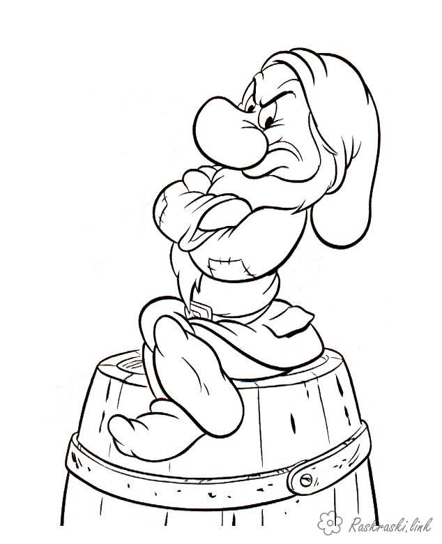 Раскраски Walt Disney Гномик, бочка, ворчун, раскраски