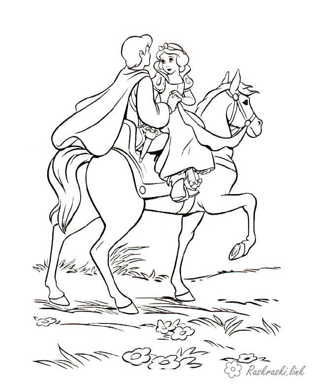Розмальовки попелюшка Попелюшка, принц, кінь, розмальовки