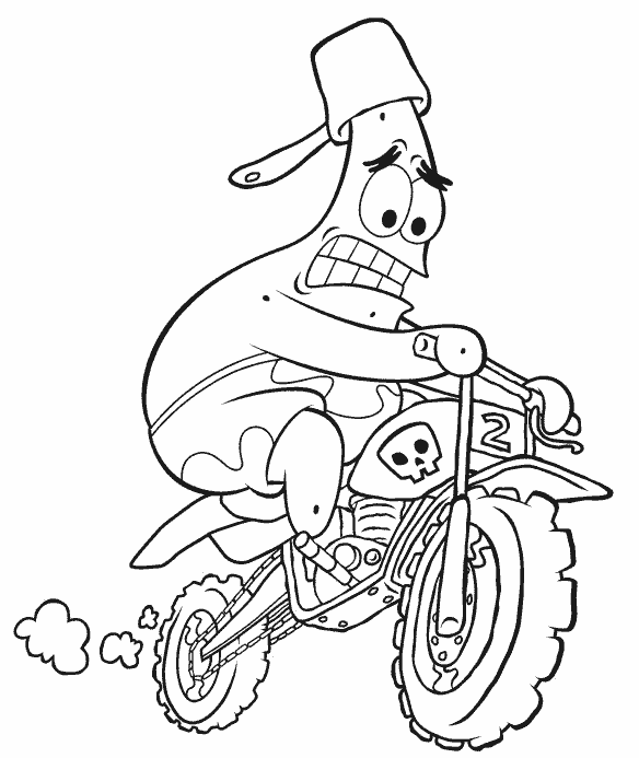 Розмальовки Губка Боб розфарбування Патрік, мотоцикл