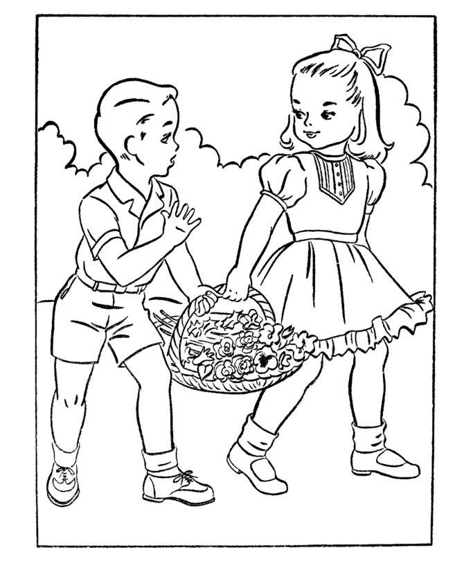 Розмальовки кошиком Свято 1 червня День захисту дітей діти хлопчик дівчинка корзинка квіти