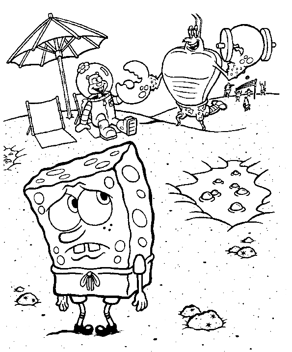 Розмальовки Губка Боб Губка Боб, пляж, Сенді, парасолька