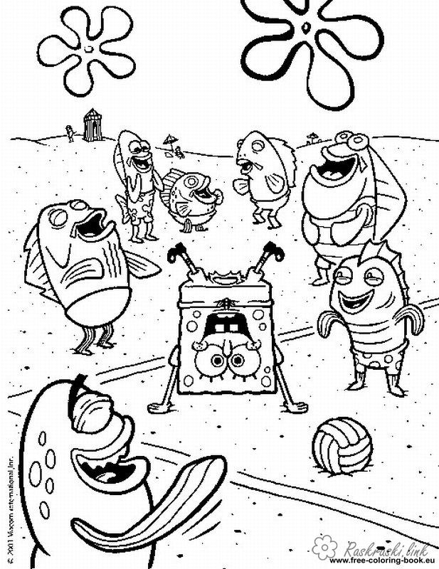 Розмальовки Губка Боб Губка Боб, риби, м'яч, пляж