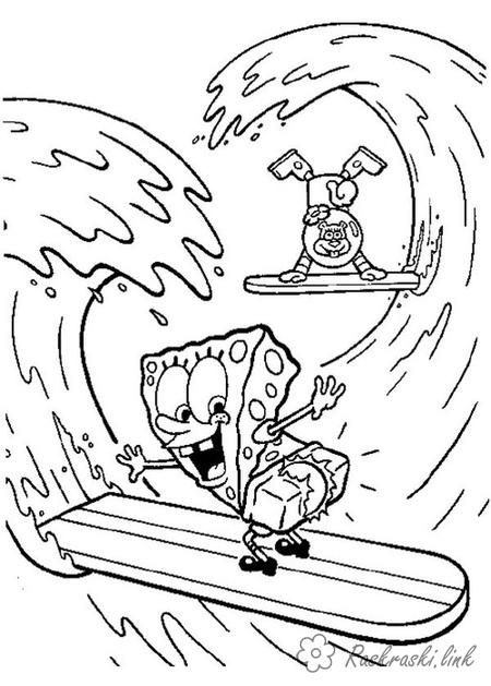 Розмальовки Губка Боб Губка Боб, Сенді, серфінг, хвиля