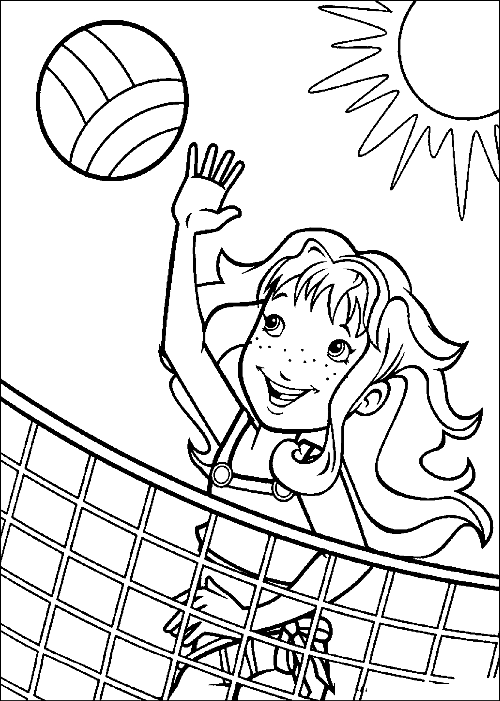 Розмальовки Волейбол волейбол, дівчисько, сітка, м'яч, сонце