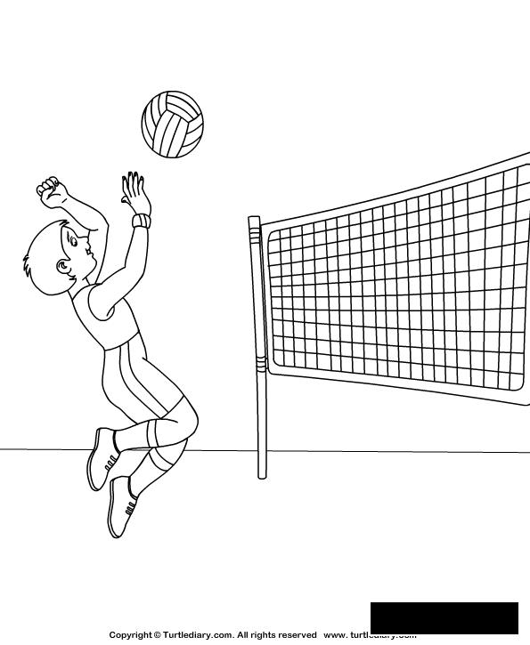 Розмальовки спорт розфарбування волейбол, хлопчик, сітка, м'яч, спорт